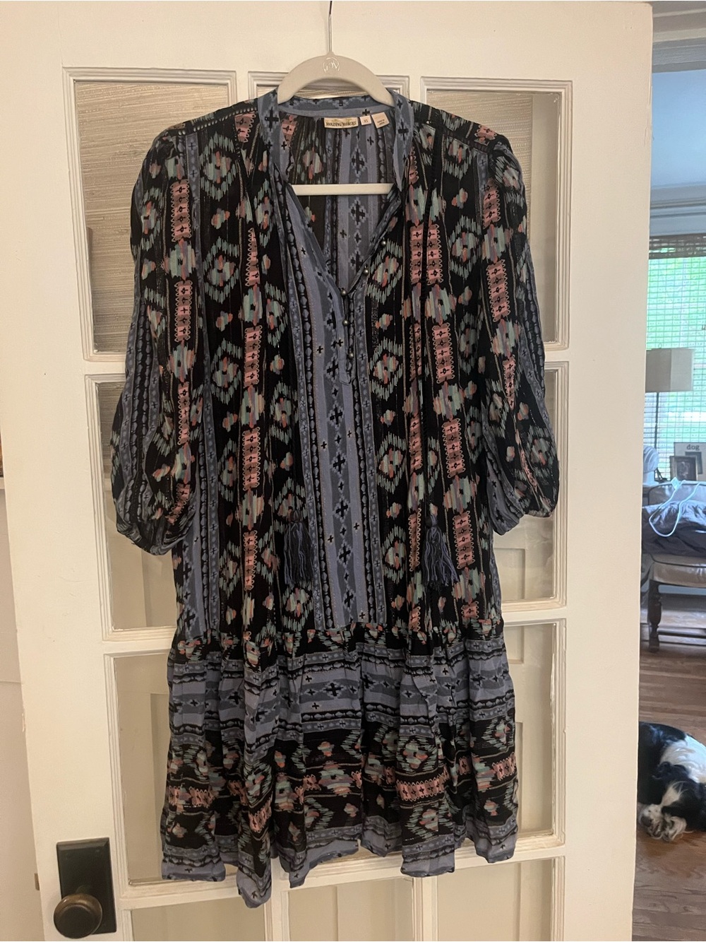 HOLDING HORSES Black Dress with Dusty Blue and Muted Pink Pattern